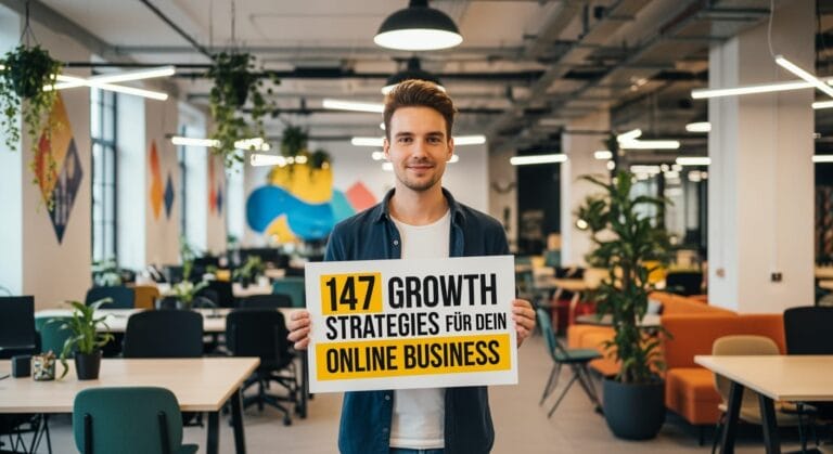 Ein Mann steht in einem modernen, farbenfrohen Büro, lächelt und hält ein Schild mit der Aufschrift "147 Growth Strategies für dein Online Business". Das Büro ist mit Pflanzen, großen Fenstern und einer farbenfrohen Einrichtung ausgestattet, die einen hellen und einladenden Arbeitsbereich schafft.