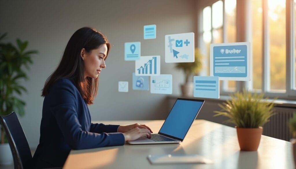 Eine Frau im Geschäftsanzug arbeitet in einem gut beleuchteten Büro an einem Laptop. Sie ist von schwebenden digitalen Symbolen umgeben, darunter Grafiken, Diagramme und Symbole für soziale Medien, die für Datenanalyse und Online-Kommunikation stehen. Im Hintergrund befinden sich Grünpflanzen und große Fenster.
