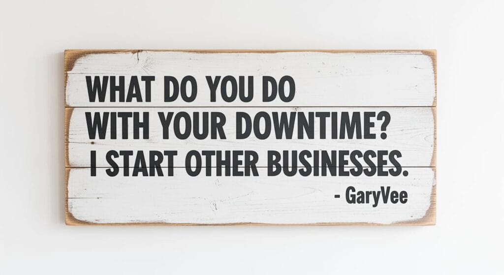 Ein hölzernes Schild mit einer weiß gestrichenen Oberfläche trägt einen fetten schwarzen Text: "WAS MACHEN SIE MIT IHRER AUSZEIT? ICH GRÜNDE ANDERE UNTERNEHMEN. - GaryVee". Das Schild hat ein rustikales Aussehen, bei dem die Holzmaserung und die Kanten vor einer weißen Wand sichtbar sind.