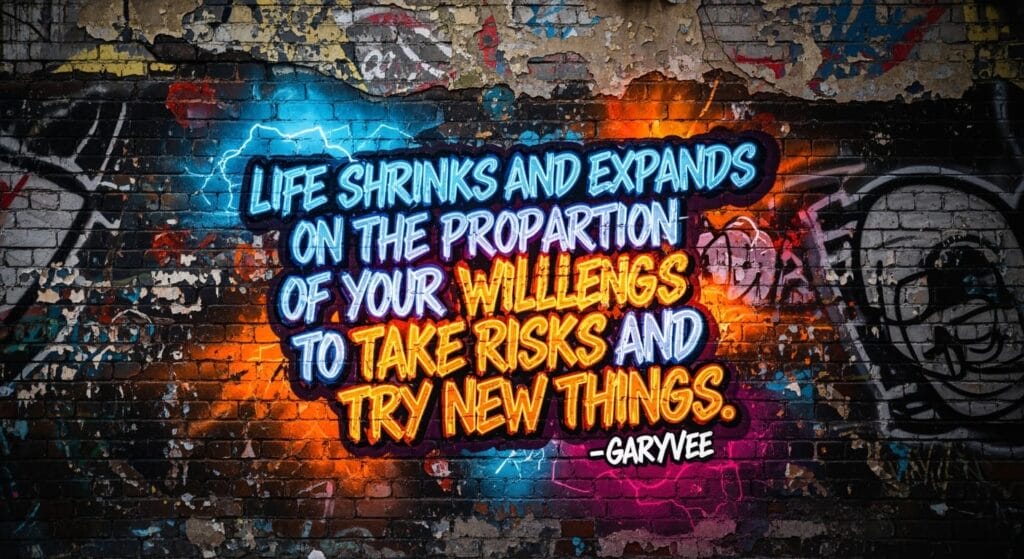 Auf einer Backsteinmauer ist ein Graffiti zu sehen: "Das Leben schrumpft und dehnt sich in dem Maße aus, wie du bereit bist, Risiken einzugehen und neue Dinge auszuprobieren. - GaryVee". Das Zitat ist von leuchtenden blauen, orangen und roten Farbspritzern umgeben.
