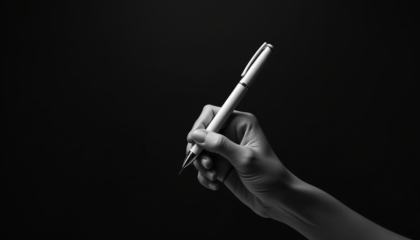 Eine rechte Hand hält einen weißen Füllfederhalter vor einem dunklen, schlichten Hintergrund. Die Beleuchtung hebt die Konturen der Hand und des Stiftes hervor und schafft einen dramatischen Kontrast zu der schwarzen Umgebung. Die Szene wirkt konzentriert und minimalistisch.