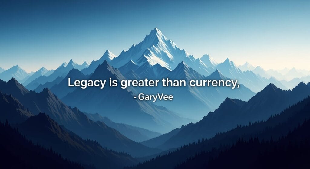 Eine digitale Illustration von schneebedeckten Berggipfeln unter einem klaren blauen Himmel. In der Mitte, weißer Text liest: "Das Erbe ist größer als die Währung" - GaryVee. Geschichtete Grate und Schatten schaffen Tiefe in der Berglandschaft.