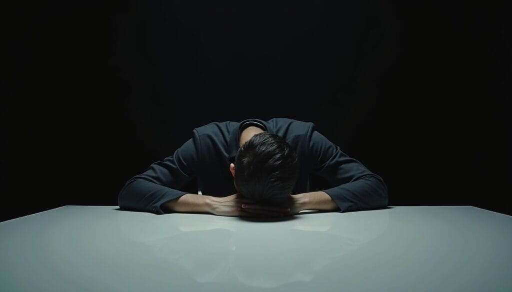 Eine Person sitzt allein an einem glänzend weißen Tisch, den Kopf in offensichtlicher Verzweiflung oder Erschöpfung auf die Arme gestützt. Der Hintergrund ist dunkel, die dramatische Beleuchtung konzentriert sich auf die Person und unterstreicht die Atmosphäre von Isolation und emotionaler Verzweiflung.