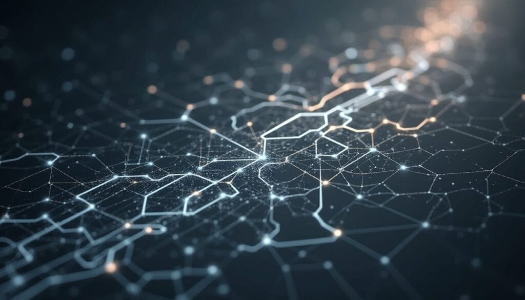 Ein digitales abstraktes Bild zeigt miteinander verbundene leuchtende Linien und Knoten, die ein neuronales Netzwerk oder Blockchain-Muster bilden. Der Hintergrund ist dunkel und hebt die blau und weiß leuchtenden Linien hervor, was den Eindruck von fortschrittlicher Technologie oder Datenfluss erweckt.