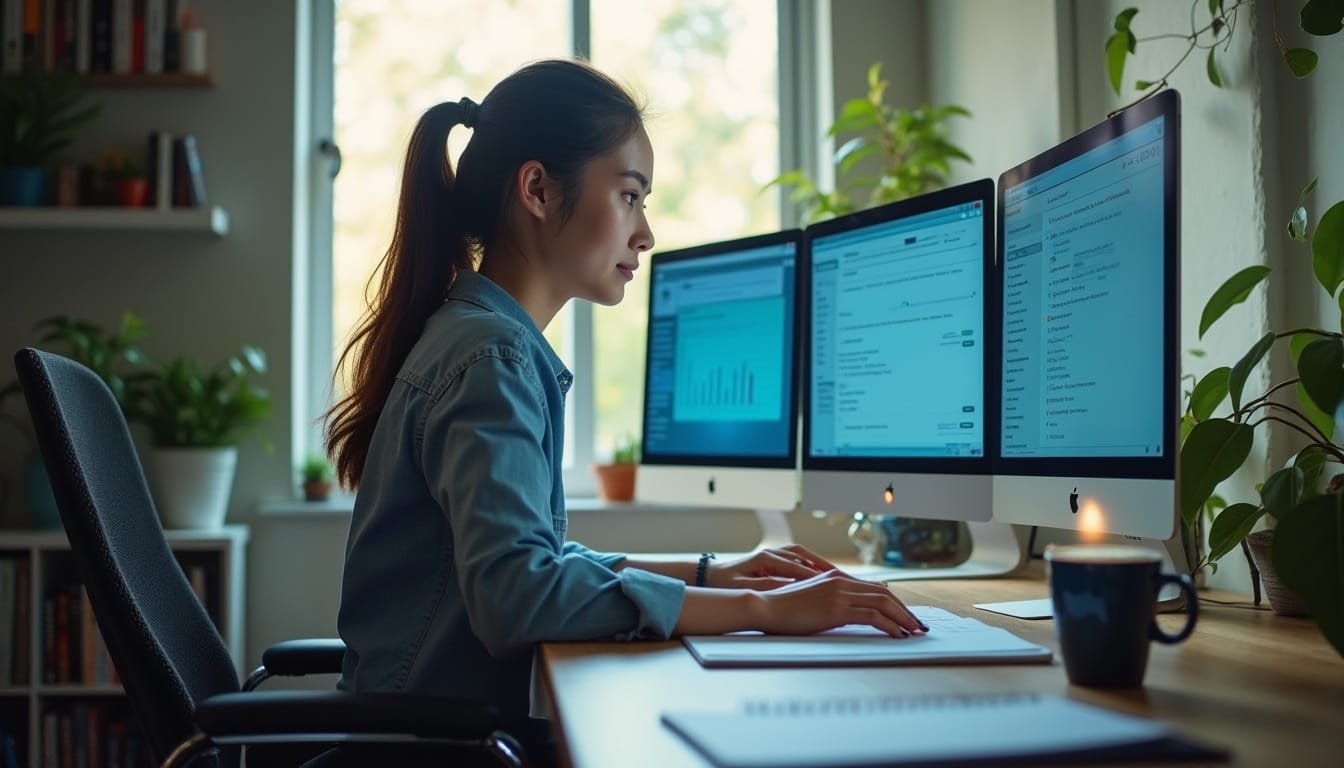 Eine Frau mit Pferdeschwanz arbeitet an einem Schreibtisch mit drei Computermonitoren, auf denen Diagramme und Daten angezeigt werden. Die Szene wird durch natürliches Licht aus einem Fenster gut beleuchtet. In dem modernen, organisierten Arbeitsbereich stehen Grünpflanzen, eine Kaffeetasse und Bücherregale.