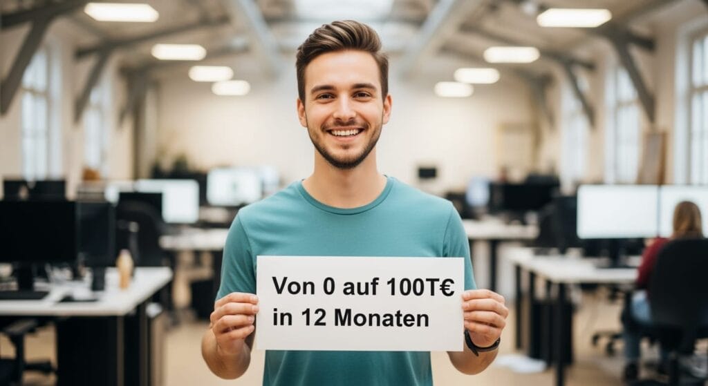 Ein lächelnder junger Mann in einem blaugrünen Hemd steht in einem hellen, modernen Büro und hält ein Schild mit der Aufschrift "Von 0 auf 100T€ in 12 Monaten". Im Hintergrund sind mehrere Schreibtische und Computer zu sehen, an denen unscharfe Menschen arbeiten.