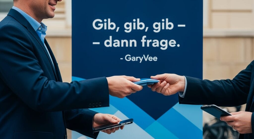 Zwei Personen in Business-Kleidung tauschen lächelnd ein blaues Smartphone aus. Hinter ihnen steht ein blaues Schild mit weißer deutscher Schrift: "Gib, gib, gib - - dann frage. - GaryVee." Die Szene deutet auf eine berufliche oder netzwerkbezogene Interaktion hin.