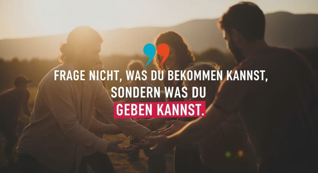 Mehrere Personen stehen im Freien im warmen Abendlicht und reichen sich gegenseitig Gegenstände. In der Mitte steht ein deutscher Text: "Frage nicht, was du bekommen kannst, sondern was du geben kannst." Die Worte "geben kannst" sind rot hervorgehoben.