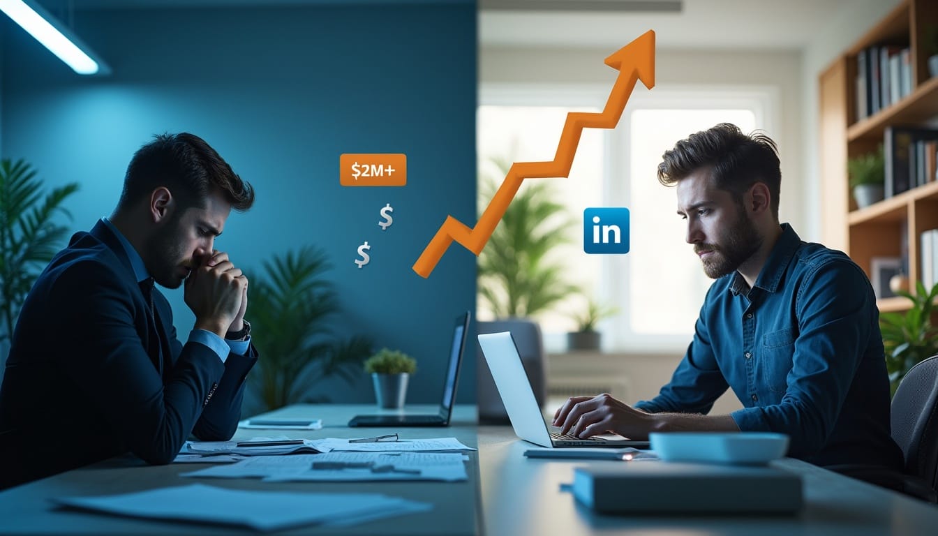 Zwei Männer sitzen in getrennten modernen Büros, die durch eine Beleuchtung voneinander getrennt sind. Der linke Mann wirkt gestresst, die Hände sind gefaltet, neben ihm schweben Dollarsymbole und "$2M+". Der rechte Mann tippt auf einem Laptop neben einem aufsteigenden orangefarbenen Graphen und einem LinkedIn-Logo, das für Unternehmenswachstum steht.