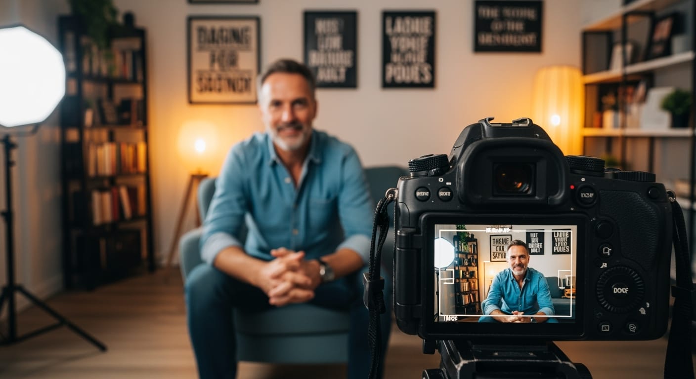 Ein Mann mit kurzen Haaren und einem Bart, der ein blaues Hemd trägt, sitzt auf einem Sofa in einem gemütlichen, gut beleuchteten Raum. Er ist der Kamera zugewandt, die auf ihn fokussiert ist, während der Hintergrund aus Bücherregalen, gerahmten Zitaten und einer Stehlampe verschwommen ist.