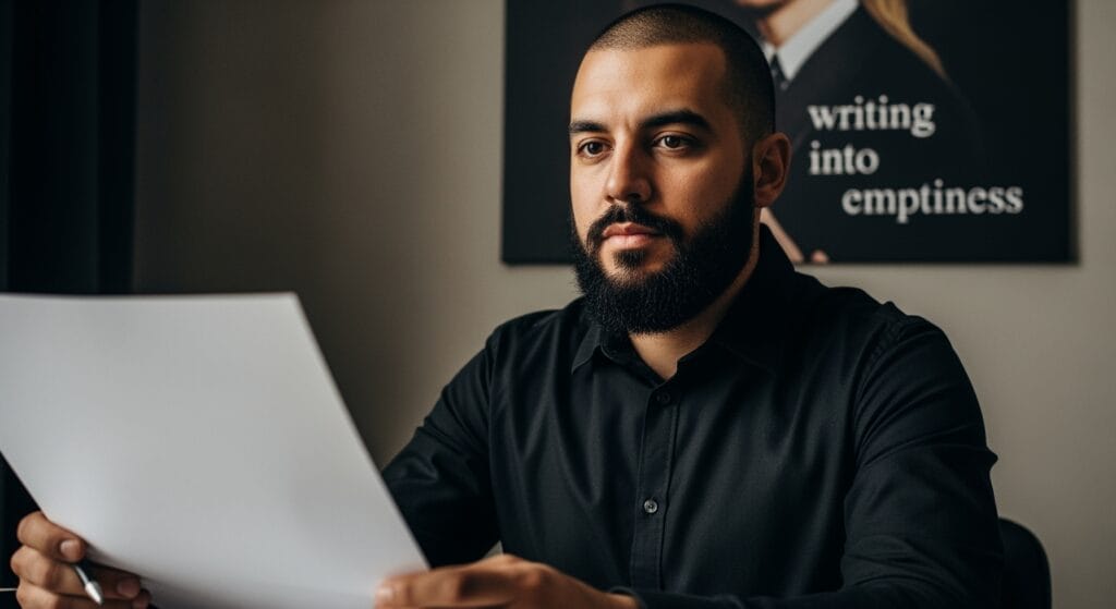 Ein Mann mit Bart und kurzen Haaren, der ein schwarzes Hemd mit Knöpfen trägt, sitzt an einem Schreibtisch und hält Papiere in der Hand. Hinter ihm hängt ein Plakat mit der Aufschrift "Schreiben in die Leere", auf dem ein unscharfes Bild einer Person zu sehen ist. Der Raum ist weich und neutral beleuchtet.
