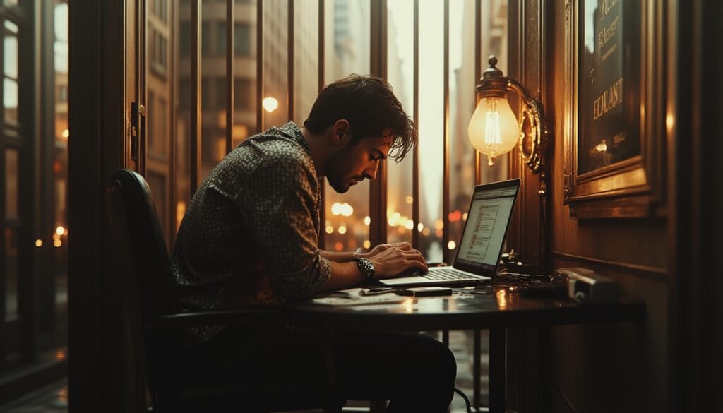 Ein Mann sitzt an einem Schreibtisch an einem großen Fenster in einem schwach beleuchteten Café und tippt auf einem Laptop. Das warme Licht einer alten Lampe in der Nähe erhellt ihn. Hohe Gebäude und die Lichter der Stadt sind durch das Fenster zu sehen. Die Atmosphäre ist gemütlich und konzentriert.