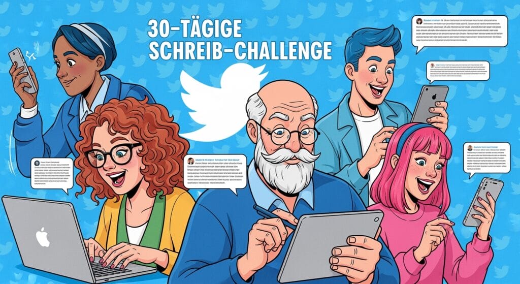 Eine bunt gemischte Gruppe von fünf fröhlichen Menschen verwendet digitale Geräte zum Schreiben, umgeben von Sprechblasen mit Text. Im Hintergrund erscheinen das Twitter-Logo und blaue Vogel-Symbole. Der fettgedruckte Text lautet "30-TÄGIGE SCHREIB-CHALLENGE" auf Deutsch.