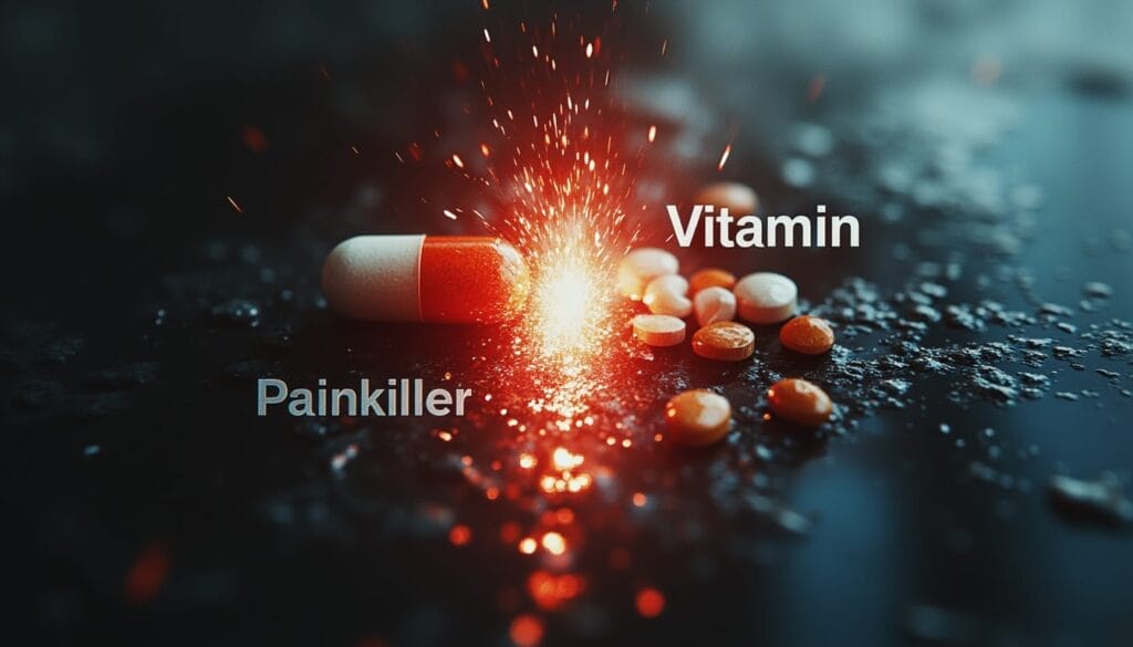 Ein glühender Funke springt zwischen einer großen rot-weißen Kapsel mit der Aufschrift "Painkiller" und mehreren kleinen orange-weißen Tabletten mit der Aufschrift "Vitamin" auf einer dunklen, spiegelnden Oberfläche über und hebt den Kontrast zwischen den beiden Arten von Pillen hervor.