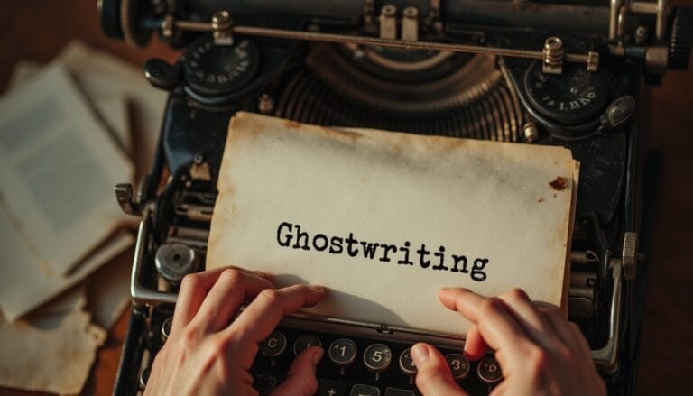 Nahaufnahme von Händen, die auf einer altmodischen Schreibmaschine tippen, mit einem Blatt Papier, auf dem das Wort "Ghostwriting" in fetter, schreibmaschinenähnlicher Schrift steht. Im Hintergrund sind verstreute Seiten zu sehen, die eine alte Schreibatmosphäre schaffen.