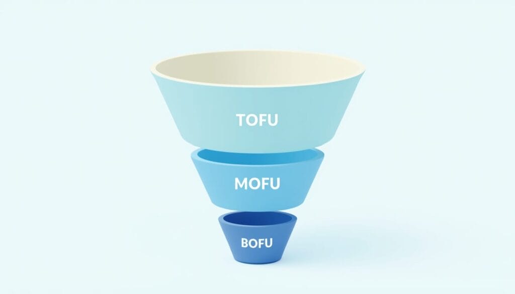 Ein einfaches 3D-Trichterdiagramm mit drei gestapelten Segmenten, die mit TOFU (oben, hellblau), MOFU (Mitte, mittelblau) und BOFU (unten, dunkelblau) auf einem hellblauen Hintergrund beschriftet sind und die Stufen des Marketingtrichters darstellen.