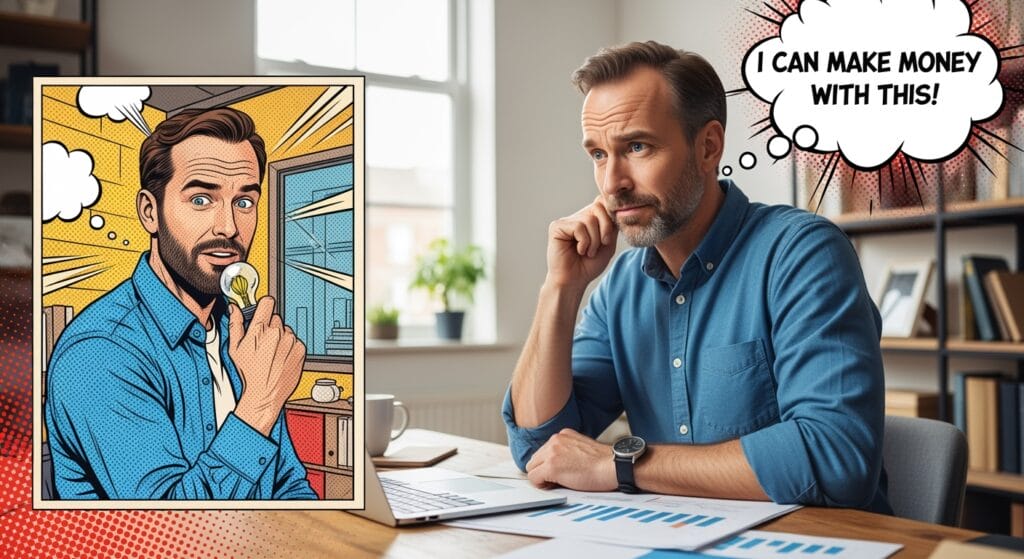 Ein Mann in einem Heimbüro sitzt an einem Schreibtisch mit Papieren und schaut nachdenklich. Neben ihm befindet sich ein Bild im Comic-Stil von ihm selbst mit einer Glühbirne, die eine Idee symbolisiert. In einer Gedankenblase steht: "Damit kann ich Geld verdienen", was auf eine Inspiration hinweist.